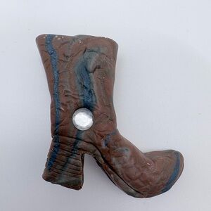 Handmade Artisan Brown and Blue Boot Cowboy Boot Pin with Rhinestone Detail